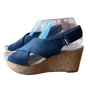 Clarks Wedge Platform Sandal Annadel Parker Size 9 Navy Suede Cork Slingback